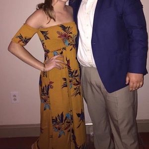 Off the shoulder mustard yellow maxi dress with 2 slits